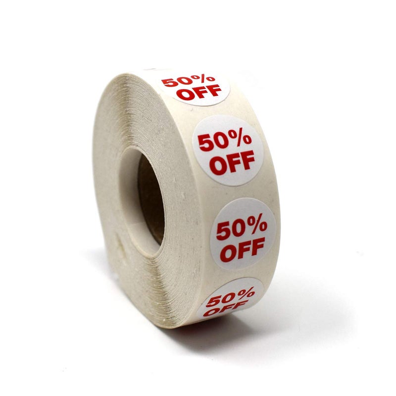 Store Fixtures Direct 50% Percent Off Mark Down Dot Stickers, 3/4" Round Self Adhesive Retail Circle Labels, 1000 Pack - Image 1